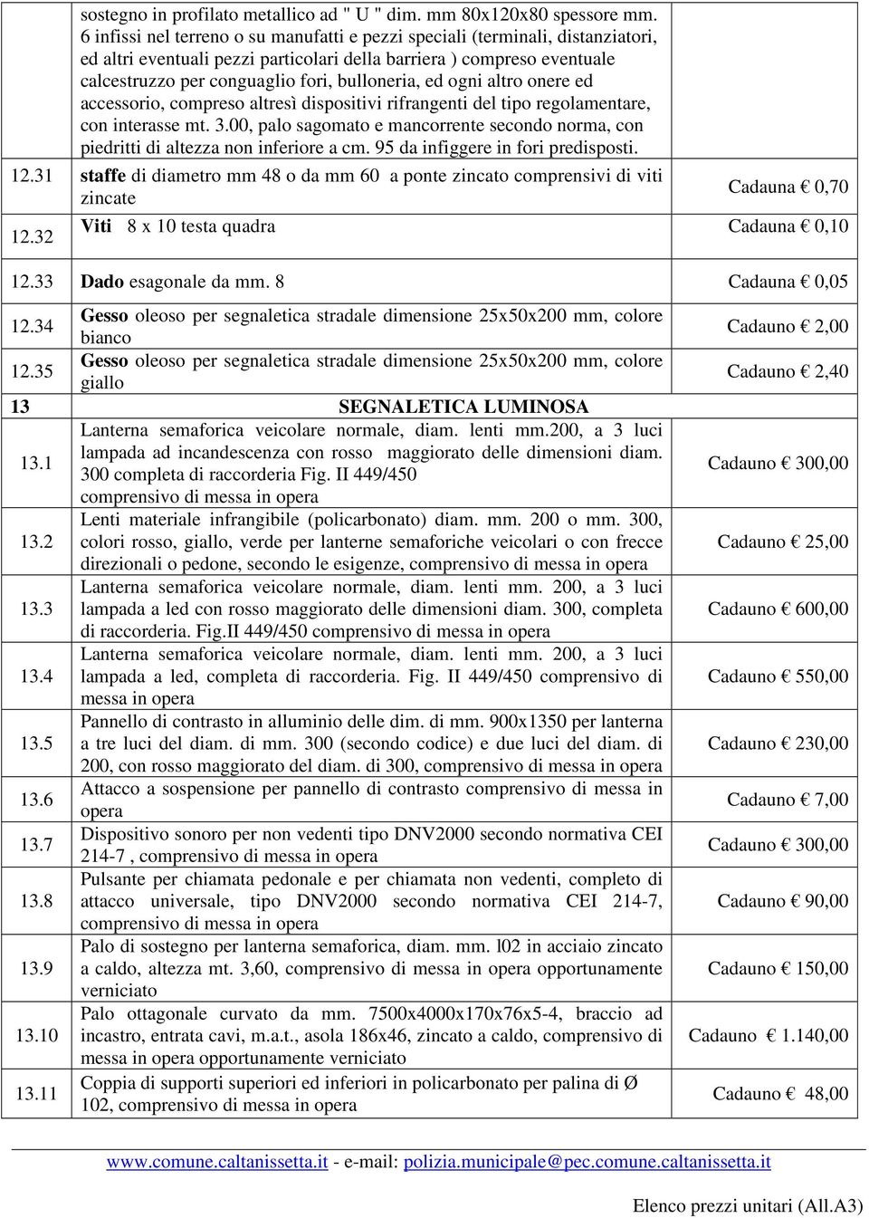 ed ogni altro onere ed accessorio, compreso altresì dispositivi rifrangenti del tipo regolamentare, con interasse mt. 3.