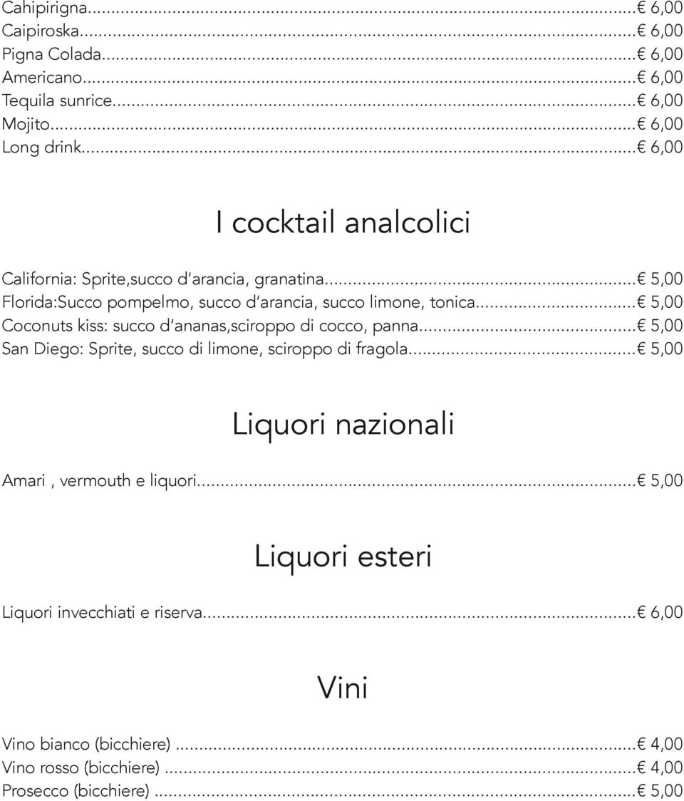 .. 5,00 Coconuts kiss: succo d ananas,sciroppo di cocco, panna... 5,00 San Diego: Sprite, succo di limone, sciroppo di fragola.