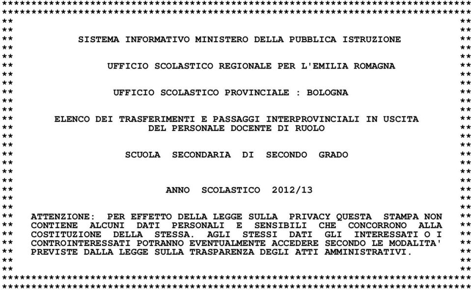 ** ** DEL PERSONALE DOCENTE DI RUOLO ** ** SCUOLA SECONDARIA DI SECONDO GRADO ** ** ANNO SCOLASTICO 2012/13 ** ** ATTENZIONE: PER EFFETTO DELLA LEGGE SULLA PRIVACY QUESTA STAMPA NON ** ** CONTIENE