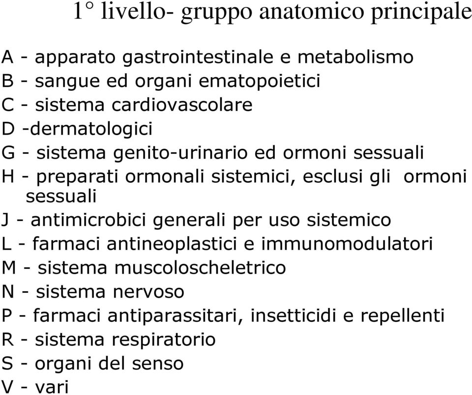 ormoni sessuali J - antimicrobici generali per uso sistemico L - farmaci antineoplastici e immunomodulatori M - sistema