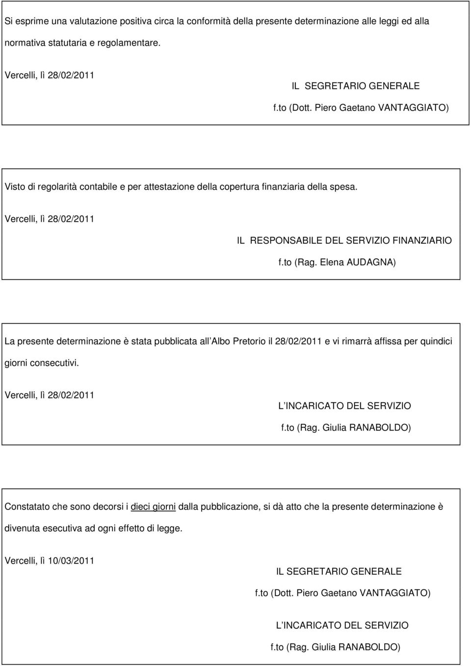 to (Rag. Elena AUDAGNA) La presente determinazione è stata pubblicata all Albo Pretorio il 28/02/2011 e vi rimarrà affissa per quindici giorni consecutivi.