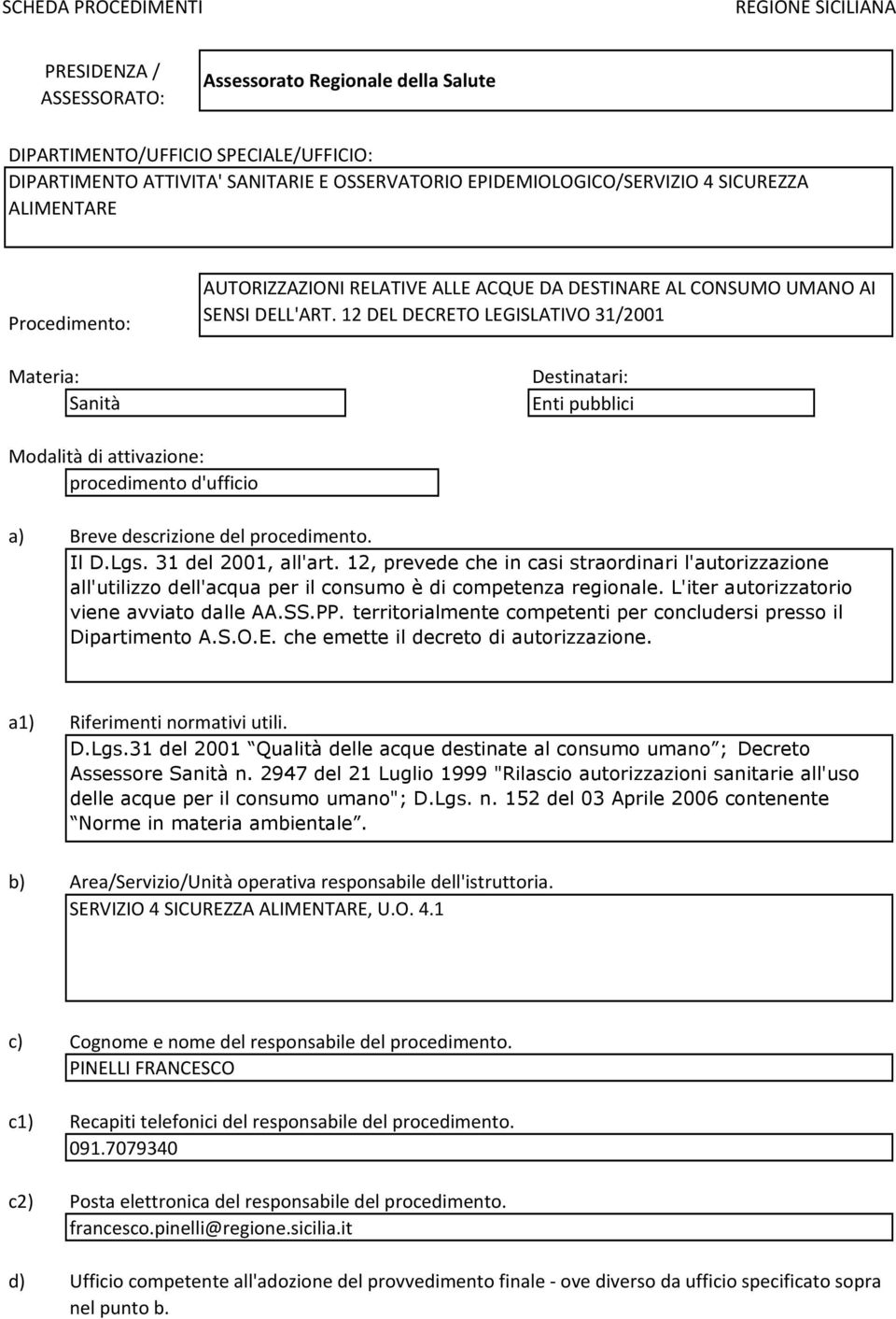 12 DEL DECRETO LEGISLATIVO 31/2001 Destinatari: Enti pubblici Modalità di attivazione: procedimento d'ufficio a) Breve descrizione del procedimento. Il D.Lgs. 31 del 2001, all'art.