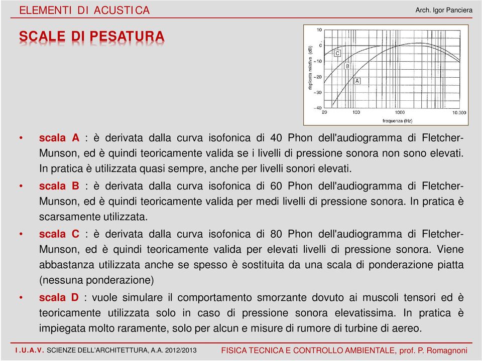 scala B : è derivata dalla curva isofonica di Phon dell'audiogramma di Fletcher- Munson, ed è quindi teoricamente valida per medi livelli di pressione sonora. In pratica è scarsamente utilizzata.