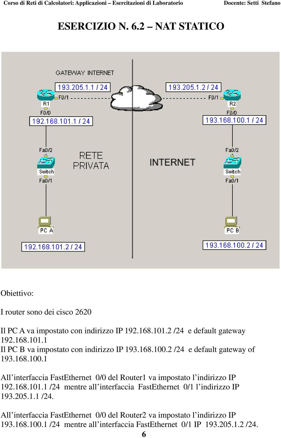 2 /24 e default gateway of 193.168.100.1 All interfaccia FastEthernet 0/0 del Router1 va impostato l indirizzo IP 192.168.101.