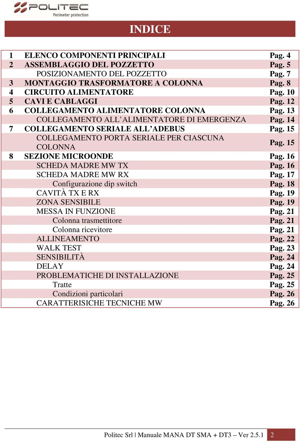 15 COLLEGAMENTO PORTA SERIALE PER CIASCUNA COLONNA Pag. 15 8 SEZIONE MICROONDE Pag. 16 SCHEDA MADRE MW TX Pag. 16 SCHEDA MADRE MW RX Pag. 17 Configurazione dip switch Pag. 18 CAVITÀ TX E RX Pag.