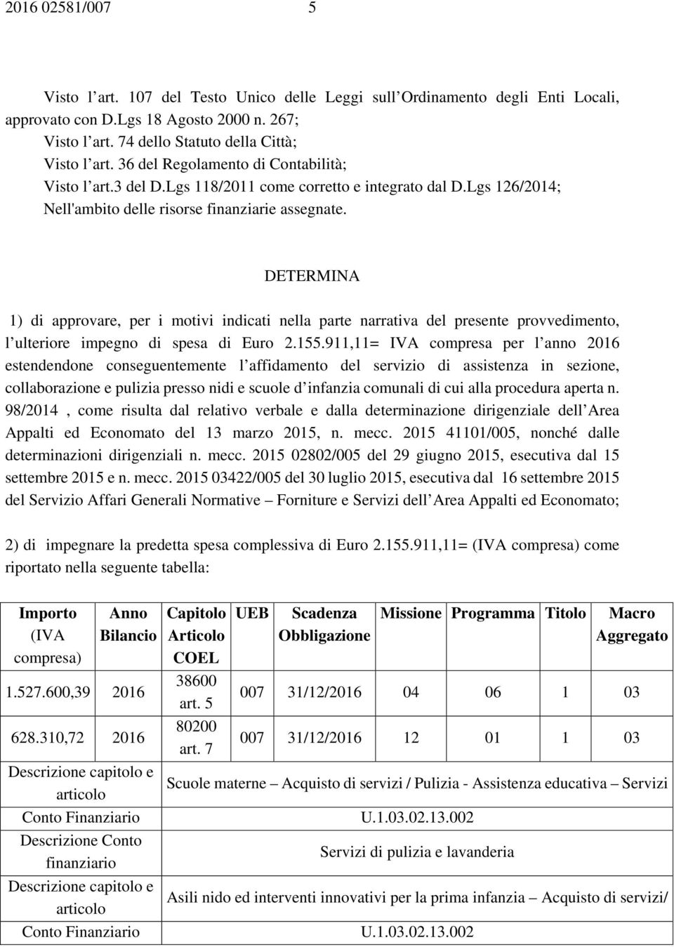 DETERMINA 1) di approvare, per i motivi indicati nella parte narrativa del presente provvedimento, l ulteriore impegno di spesa di Euro 2.155.