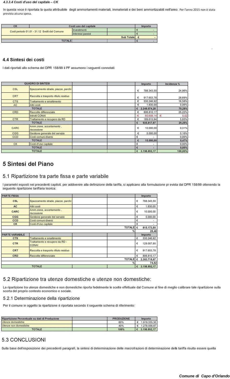 4 Sintesi dei costi I dati riportati allo schema del DPR 158/99 il PF assumono i seguenti connotati: CSL QUADRO DI SINTESI Spazzamento strade, piazze, parchi Incidenza % 798.
