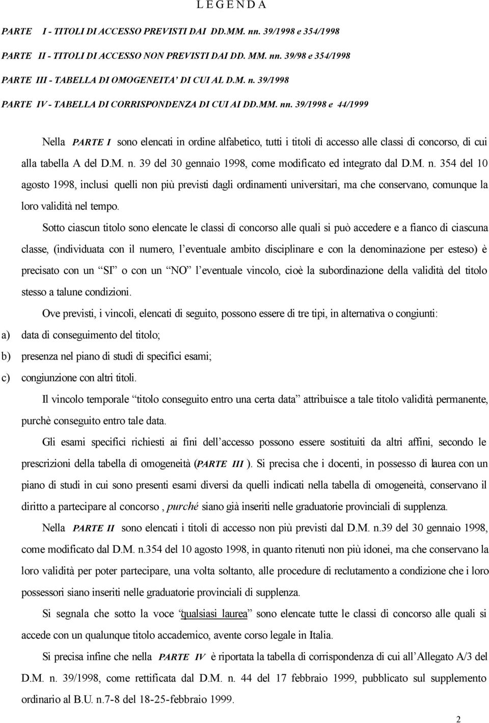 39/1998 e 44/1999 Nella PARTE I sono elencati in ordine alfabetico, tutti i titoli di accesso alle classi di concorso, di cui alla tabella A del D.M. n.