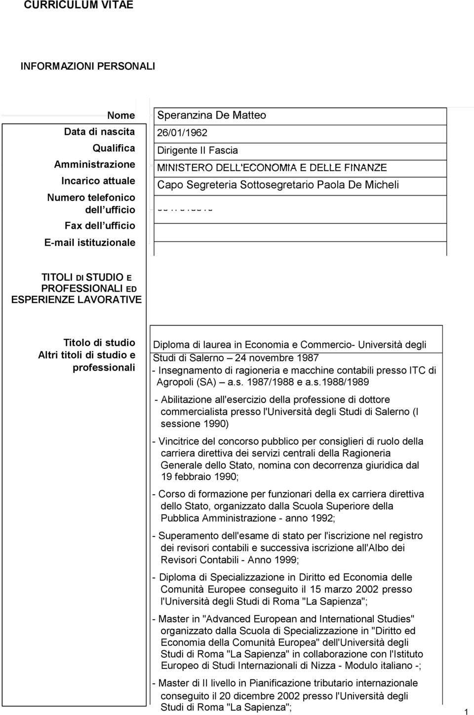 professionali Diploma di laurea in Economia e Commercio- Università degli Studi di Salerno 24 novembre 1987 - Insegnamento di ragioneria e macchine contabili presso ITC di Agropoli (SA) a.s. 1987/1988 e a.
