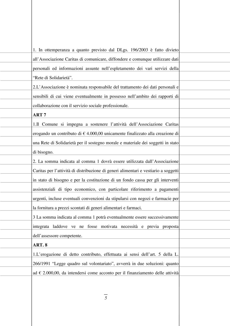 2.L Associazione è nominata responsabile del trattamento dei dati personali e sensibili di cui viene eventualmente in possesso nell ambito dei rapporti di collaborazione con il servizio sociale