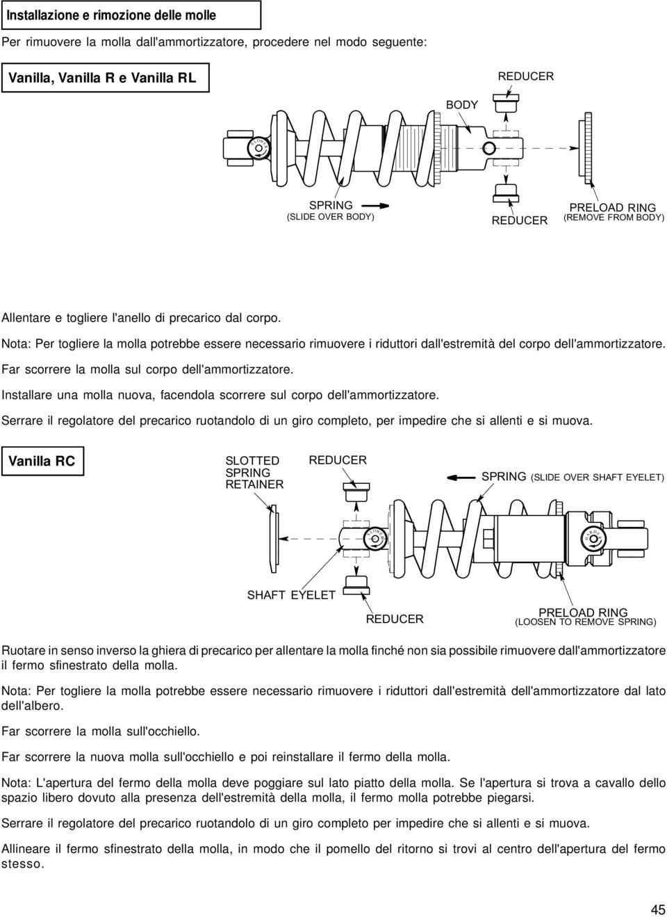 Nota: Per togliere la molla potrebbe essere necessario rimuovere i riduttori dall'estremità del corpo dell'ammortizzatore. Far scorrere la molla sul corpo dell'ammortizzatore.