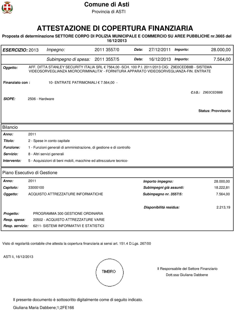 DITTA STANLEY SECURITY ITALIA SRL 7564,00 -SCH. 100 P.I. 2011/2013 CIG: Z9E0CEDB8B - SISTEMA VIDEOSORVEGLIANZA MICROCRIMINALITA' - FORNITURA APPARATO VIDEOSORVEGLIANZA-FIN.