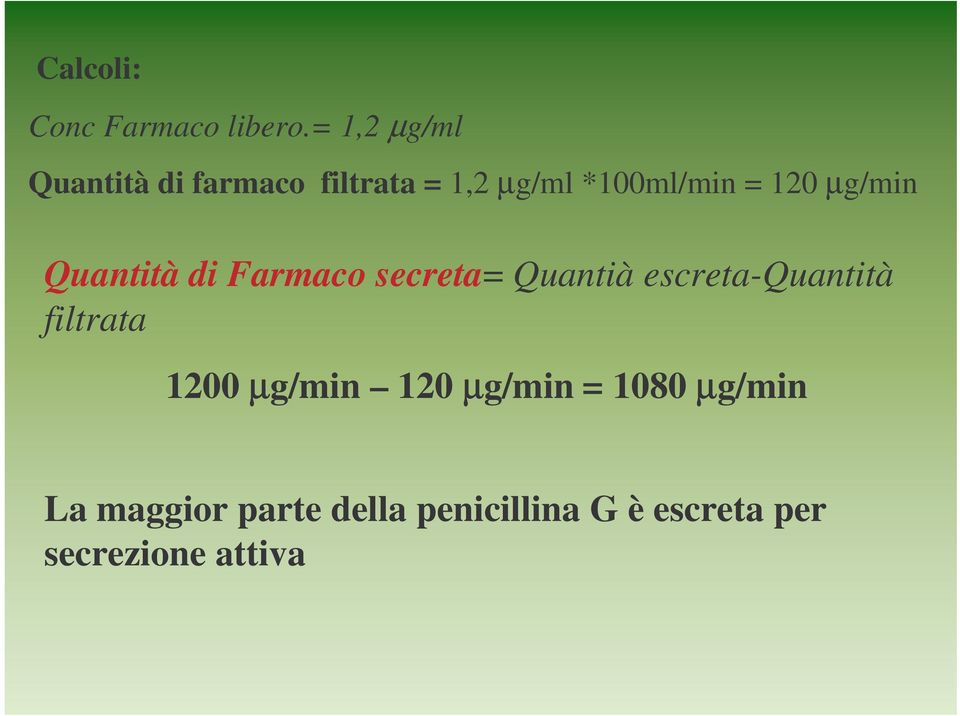 120 µg/min Quantità di Farmaco secreta= Quantià escreta-quantità