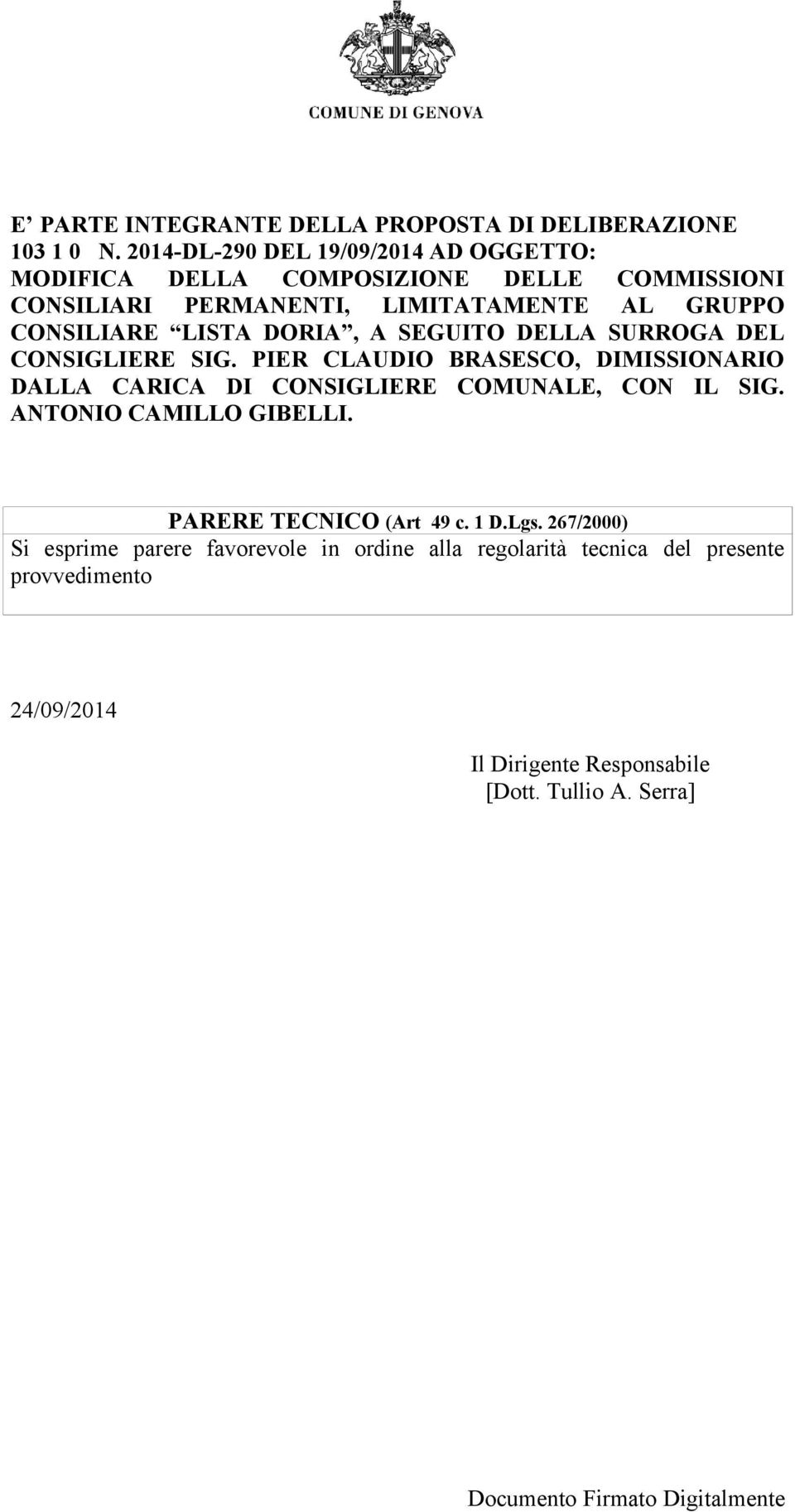 LISTA DORIA, A SEGUITO DELLA SURROGA DEL CONSIGLIERE SIG.