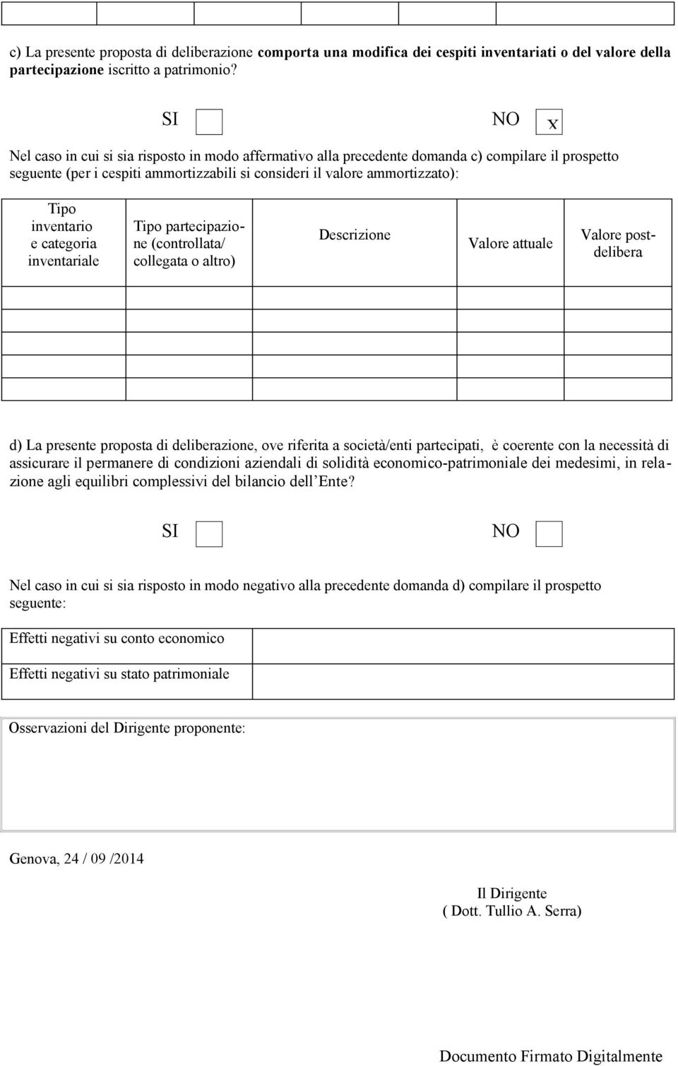 inventario e categoria inventariale Tipo partecipazione (controllata/ collegata o altro) Descrizione Valore attuale Valore postdelibera d) La presente proposta di deliberazione, ove riferita a