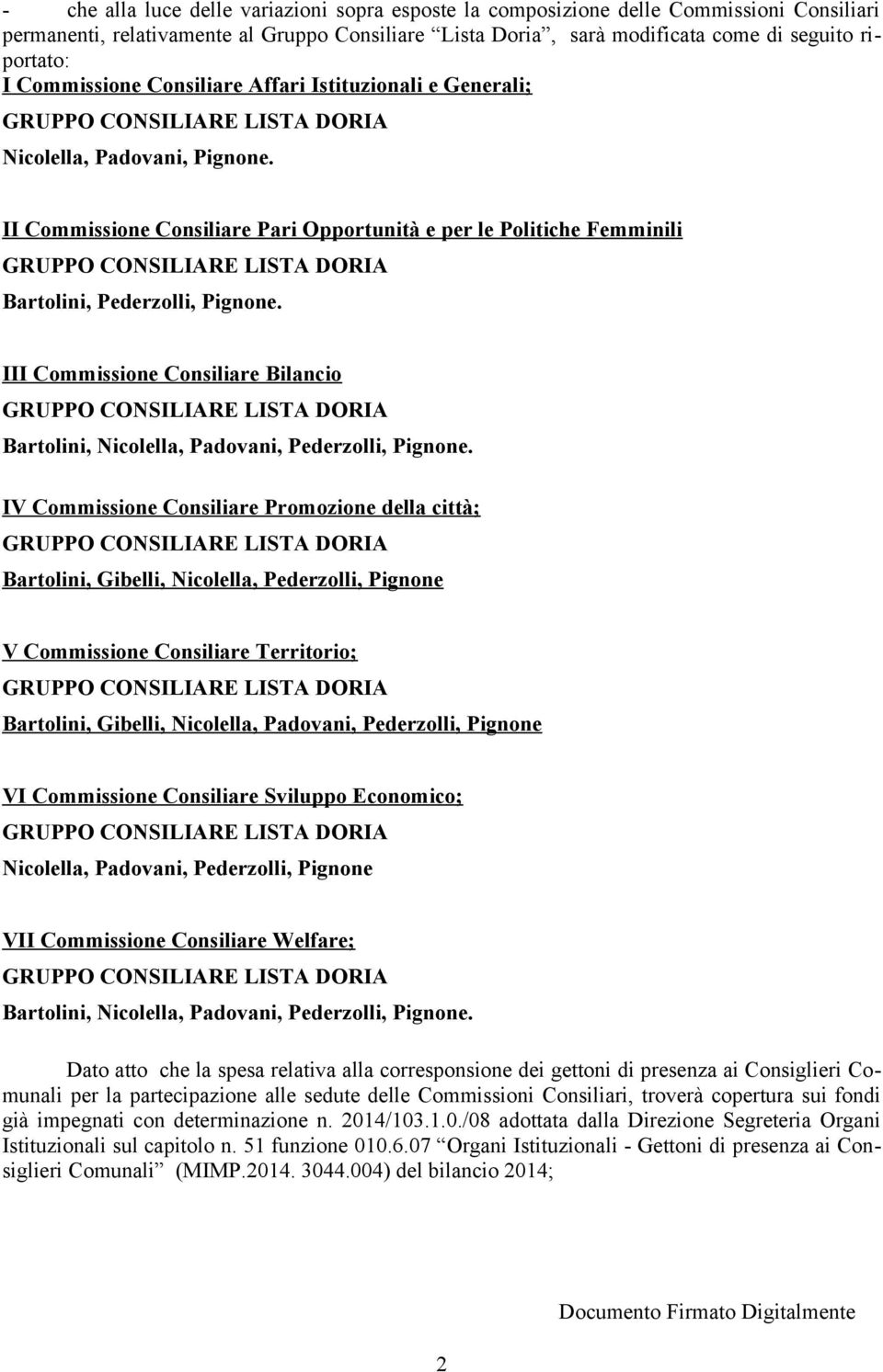 II Commissione Consiliare Pari Opportunità e per le Politiche Femminili GRUPPO CONSILIARE LISTA DORIA Bartolini, Pederzolli, Pignone.