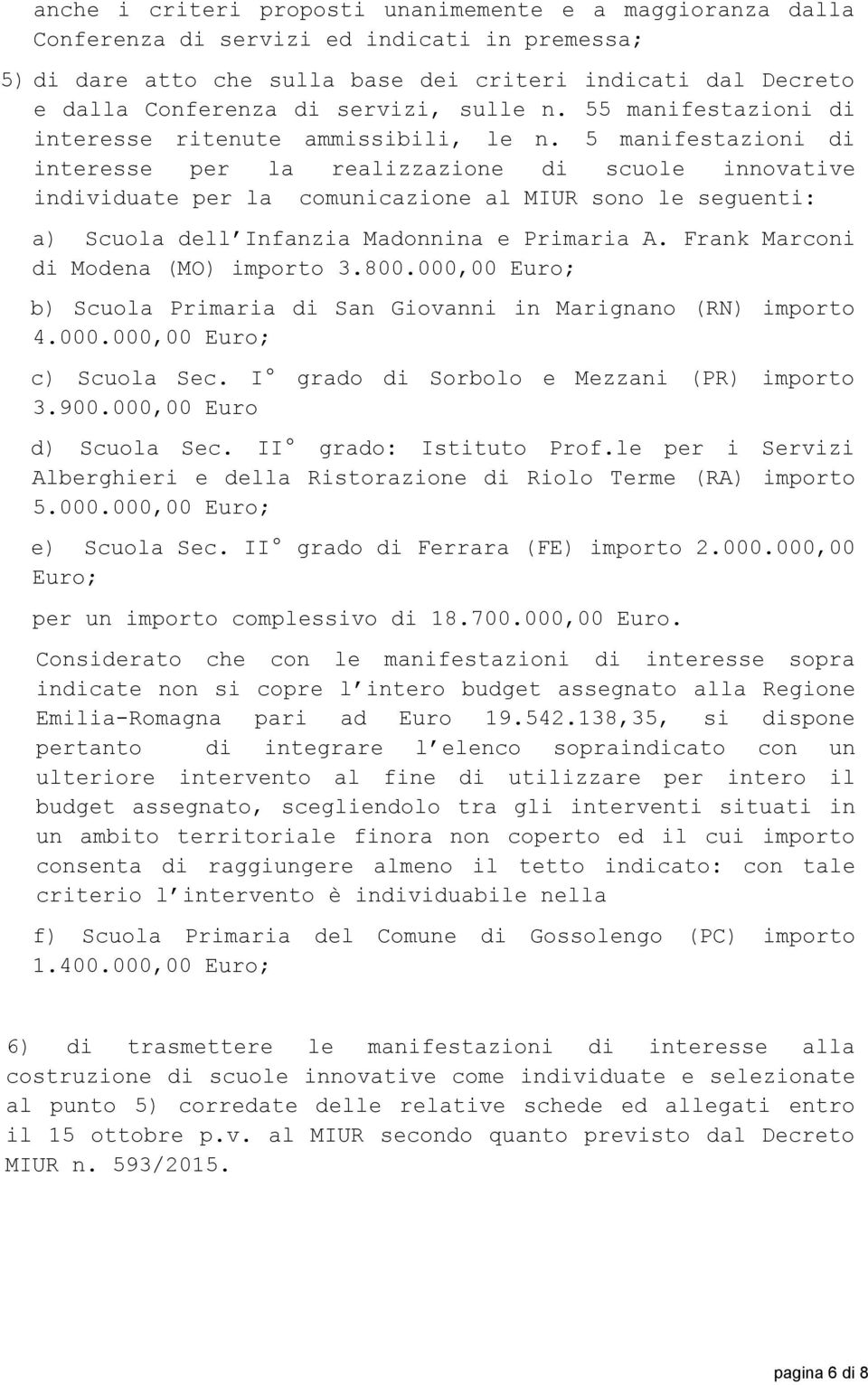 5 manifestazioni di interesse per la realizzazione di scuole innovative individuate per la comunicazione al MIUR sono le seguenti: a) Scuola dell Infanzia Madonnina e Primaria A.