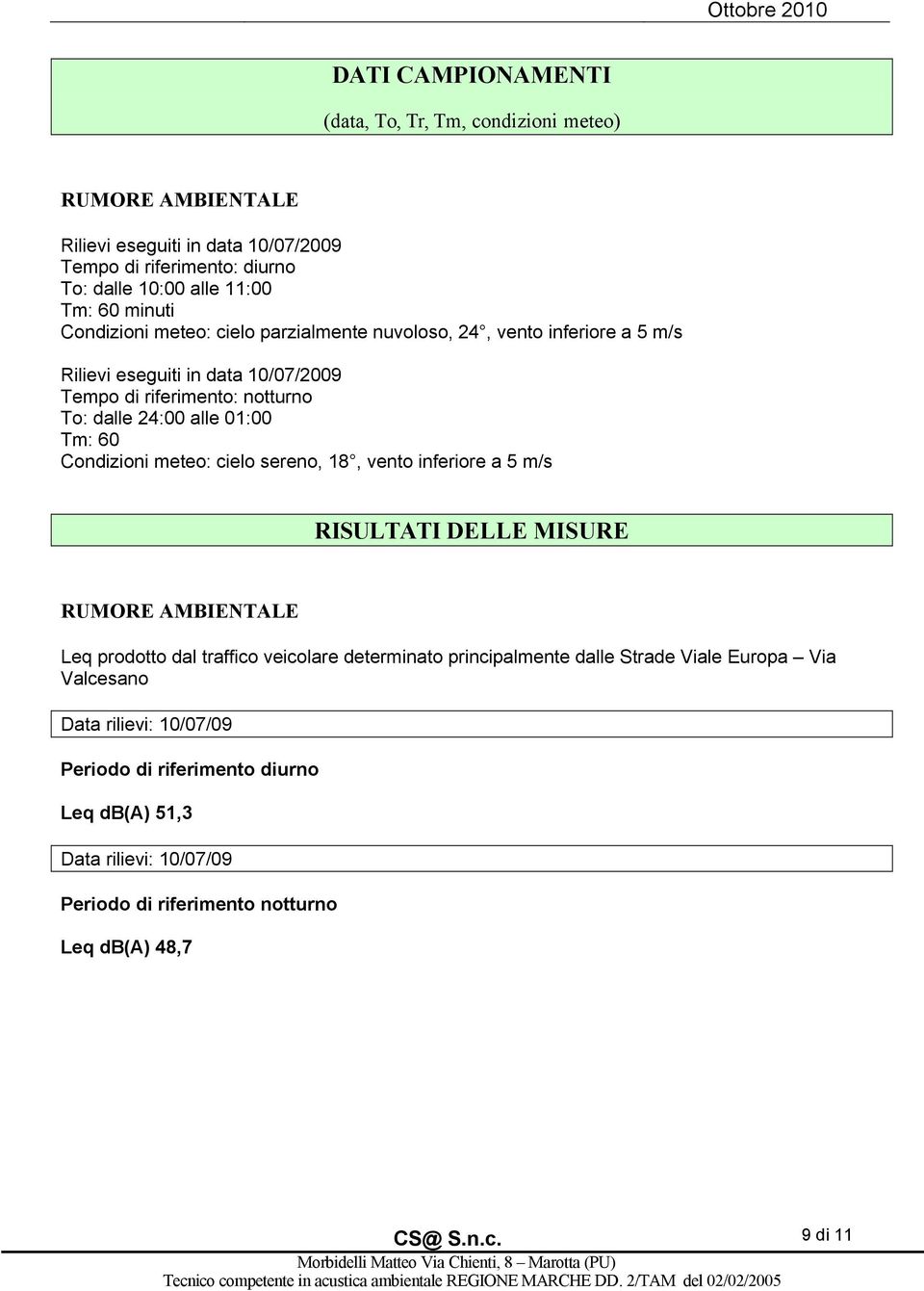 Tm: 60 Condizioni meteo: cielo sereno, 18Ñ, vento inferiore a 5 m/s RISULTATI DELLE MISURE RUMORE AMBIENTALE Leq prodotto dal traffico veicolare determinato principalmente