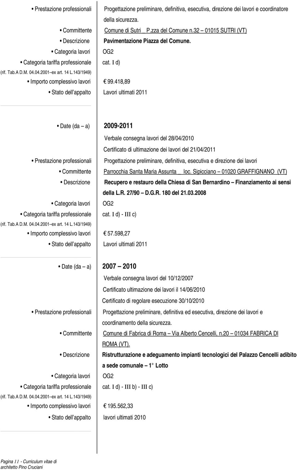 418,89 Stato dell appalto Lavori ultimati 2011 Date (da a) 2009-2011 Verbale consegna lavori del 28/04/2010 Certificato di ultimazione dei lavori del 21/04/2011 Progettazione preliminare, definitiva,