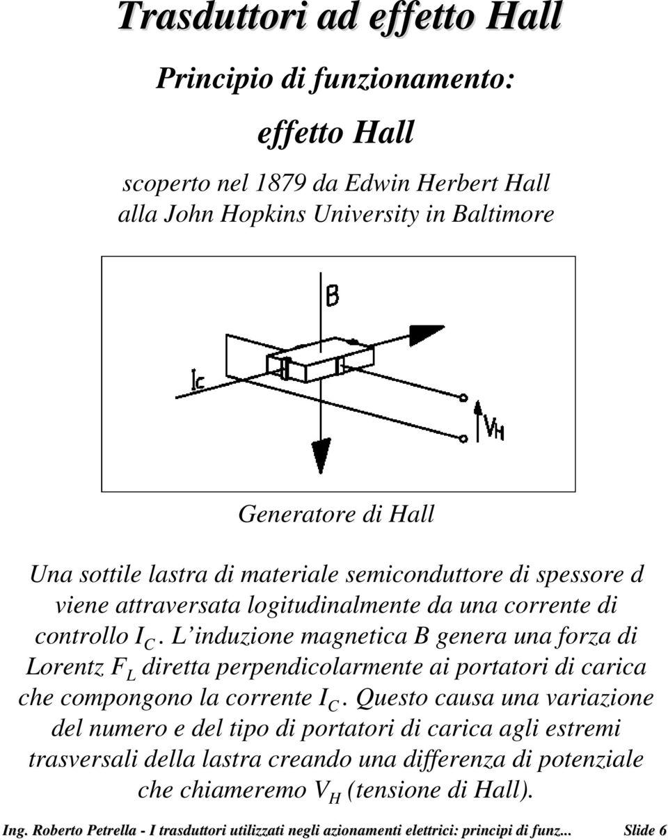 L induzione magnetica B genera una forza di Lorentz F L diretta perpendicolarmente ai portatori di carica che compongono la corrente I C.