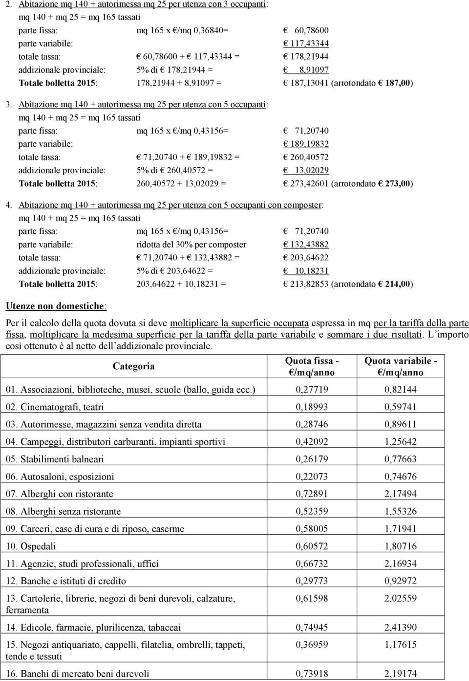 Abitazione mq 140 + autorimessa mq 25 per utenza con 5 occupanti: parte fissa: mq 165 x /mq 0,43156= 71,20740 parte variabile: 189,19832 totale tassa: 71,20740 + 189,19832 = 260,40572 addizionale