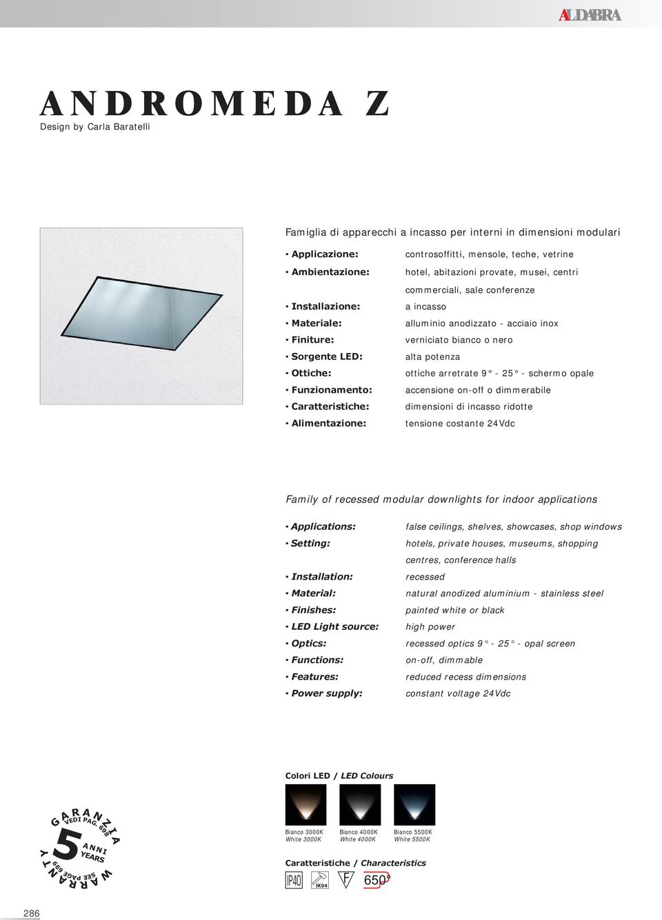 bianco o nero alta potenza ottiche arretrate 9-25 - schermo opale accensione on-off o dimmerabile dimensioni di incasso ridotte tensione costante 24Vdc Family of recessed modular downlights for