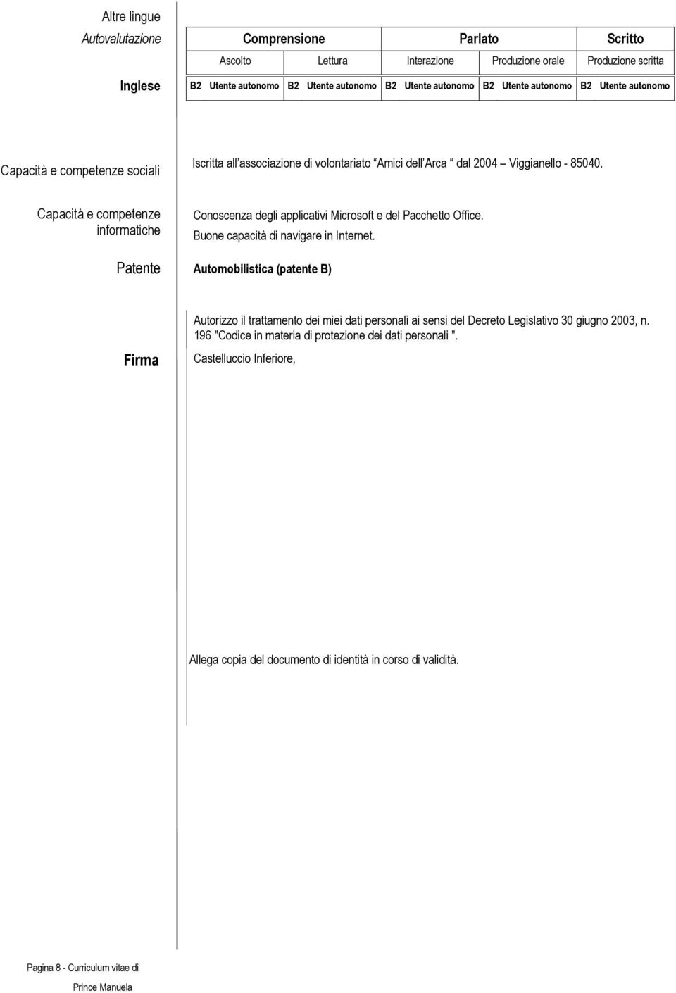 Capacità e competenze informatiche Conoscenza degli applicativi Microsoft e del Pacchetto Office. Buone capacità di navigare in Internet.