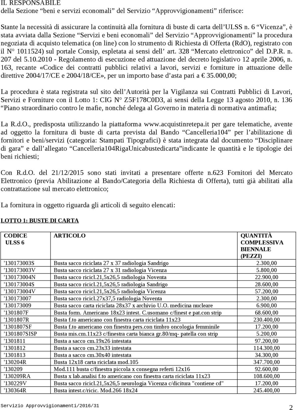 (RdO), registrato con il N 1011524) sul portale Consip, espletata ai sensi dell art. 328 Mercato elettronico del D.P.R. n. 207 del 5.10.2010 - Regolamento di esecuzione ed attuazione del decreto legislativo 12 aprile 2006, n.