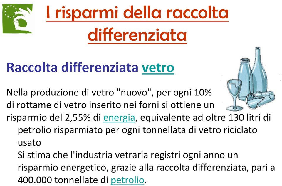 risparmiato per ogni tonnellata di vetro riciclato usato Si stima che l'industria vetraria