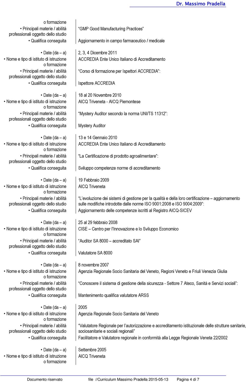 Qualifica conseguita Mystery Auditor Date (da a) 13 e 14 Gennaio 2010 ACCREDIA Ente Unico Italiano di Accreditamento La Certificazione di prodotto agroalimentare : Qualifica conseguita Sviluppo