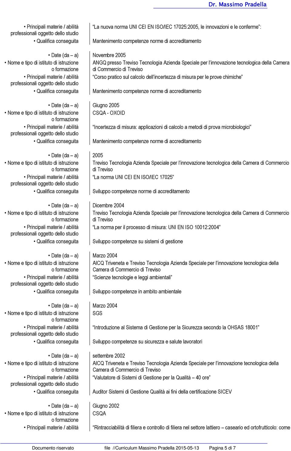 competenze norme di accreditamento Date (da a) Giugno 2005 CSQA - OXOID Incertezza di misura: applicazioni di calcolo a metodi di prova microbiologici Qualifica conseguita Mantenimento competenze