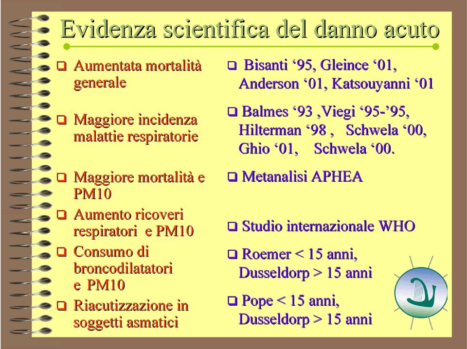 asmatici Bisanti 95, Gleince 01, Anderson 01, Katsouyanni 01 Balmes 93,Viegi, 95-95, Hilterman 98, Schwela 00, Ghio 01,