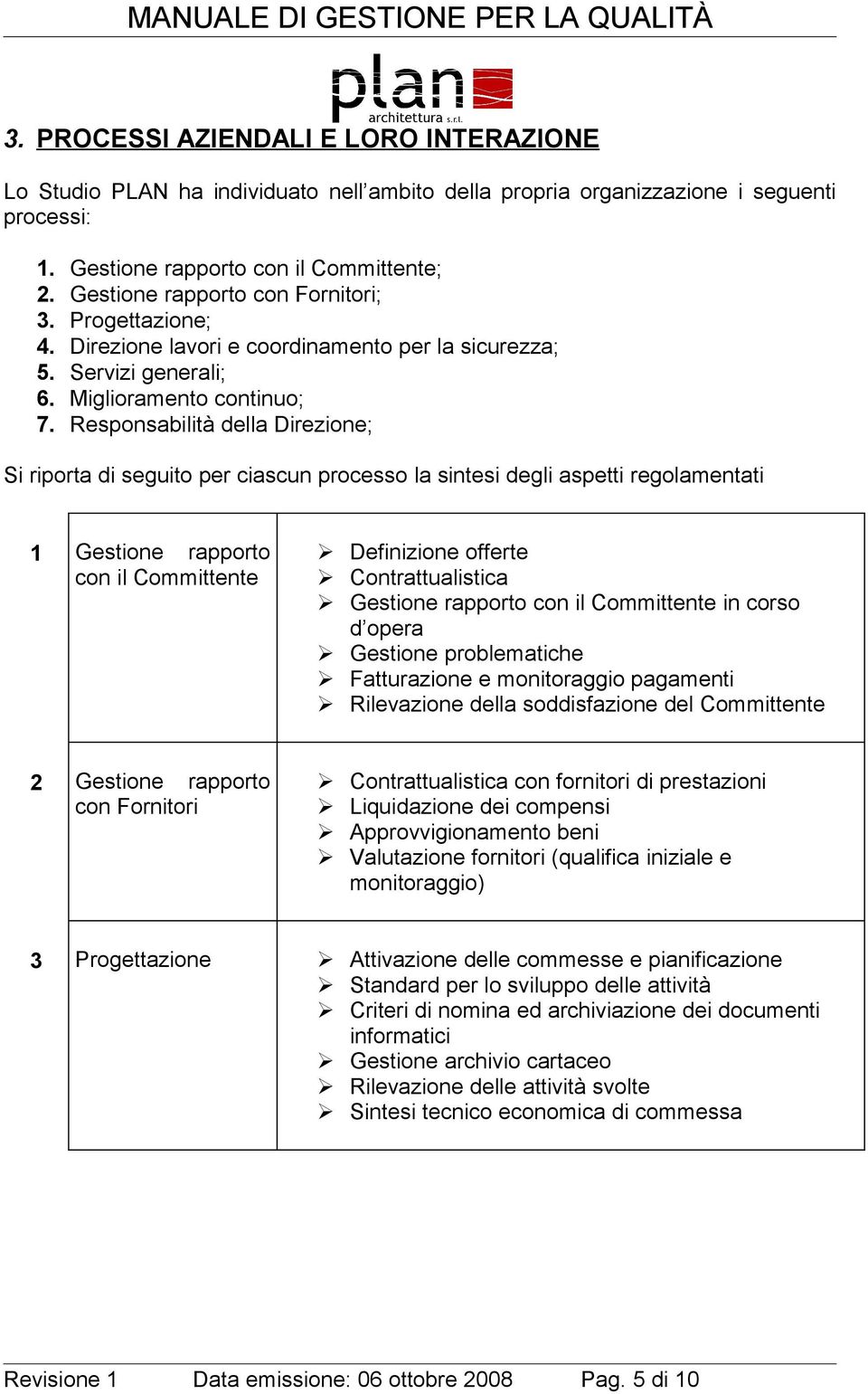 Responsabilità della Direzione; Si riporta di seguito per ciascun processo la sintesi degli aspetti regolamentati 1 Gestione rapporto con il Committente Definizione offerte Contrattualistica Gestione