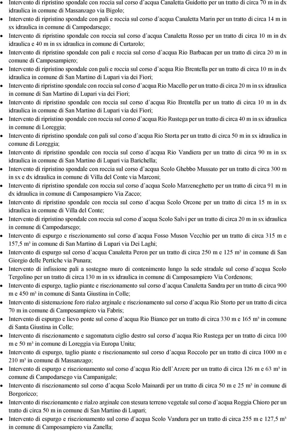 per un tratto di circa 10 m in dx idraulica e 40 m in sx idraulica in comune di Curtarolo; Intervento di ripristino spondale con pali e roccia sul corso d acqua Rio Barbacan per un tratto di circa 20