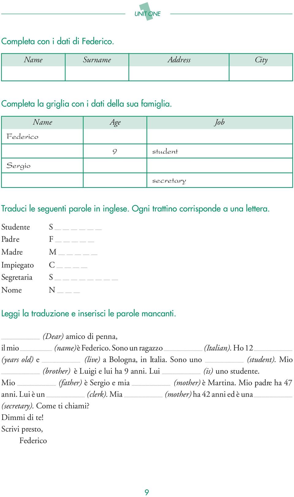 Studente Padre Madre Impiegato Segretaria Nome S F M C S N Leggi la traduzione e inserisci le parole mancanti. (Dear) amico di penna, il mio (name) è Federico. Sono un ragazzo (Italian).