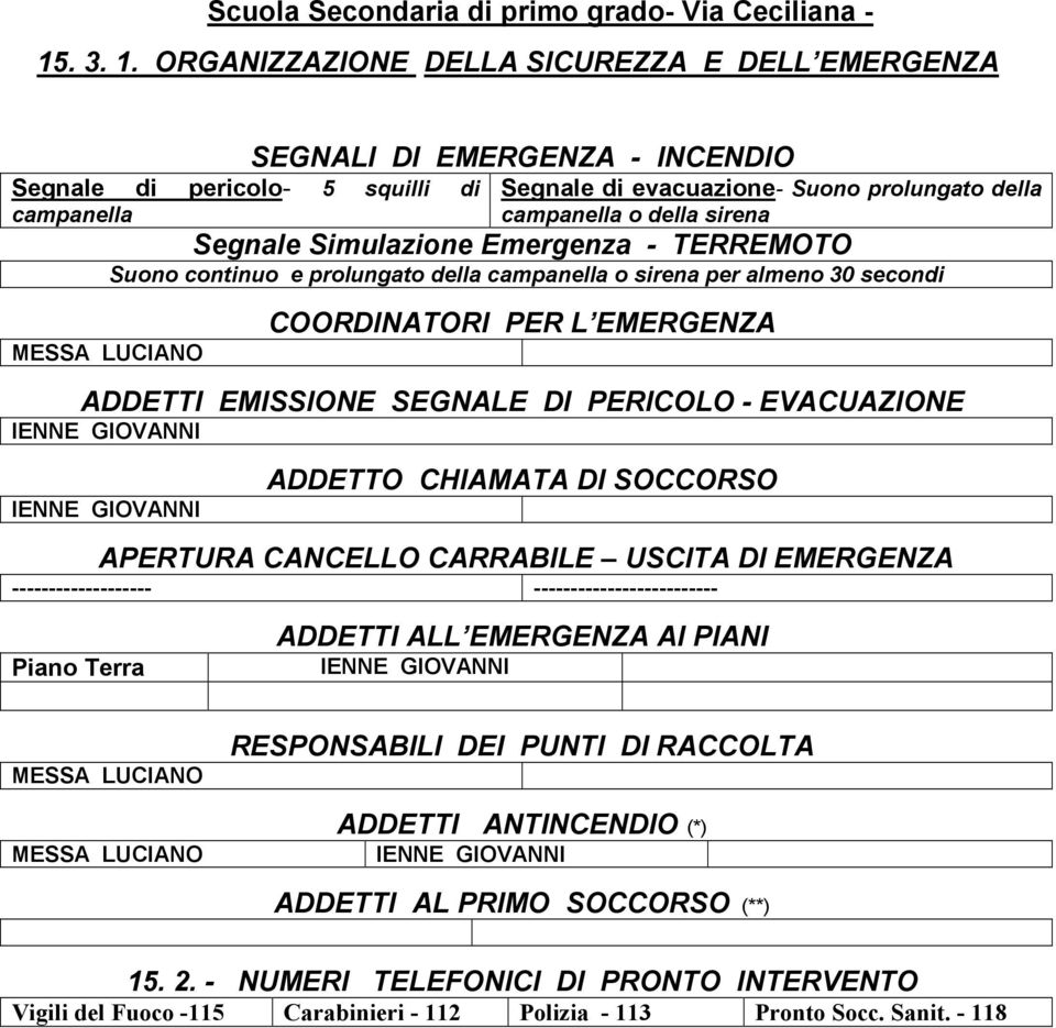 ORGANIZZAZIONE DELLA SICUREZZA E DELL EMERGENZA Segnale di pericolocampanella SEGNALI DI EMERGENZA - INCENDIO 5 squilli di Segnale di evacuazione- Suono prolungato della campanella o della sirena