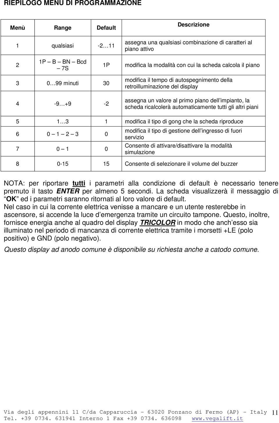 automaticamente tutti gli altri piani 5 1 3 1 modifica il tipo di gong che la scheda riproduce 6 0 1 2 3 0 7 0 1 0 modifica il tipo di gestione dell ingresso di fuori servizio Consente di