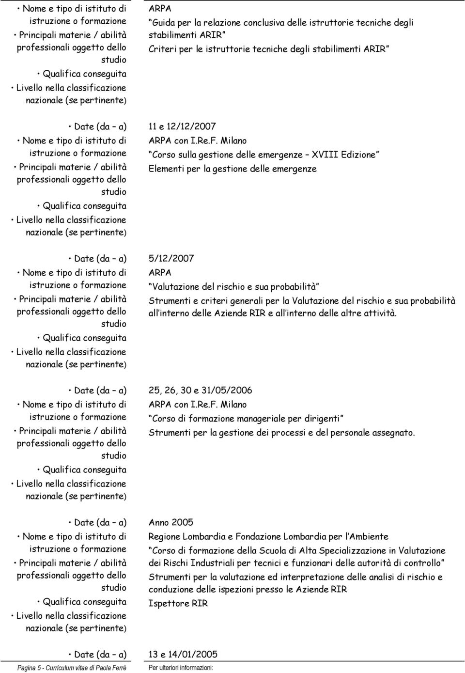 del rischio e sua probabilità all interno delle Aziende RIR e all interno delle altre attività. 25, 26, 30 e 31/05/2006 con I.Re.F.