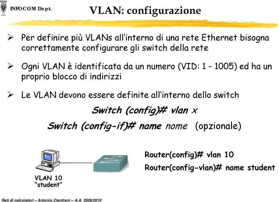 blocco di indirizzi i i Le VLAN devono essere definite all interno dello switch Switch (config)# vlan x