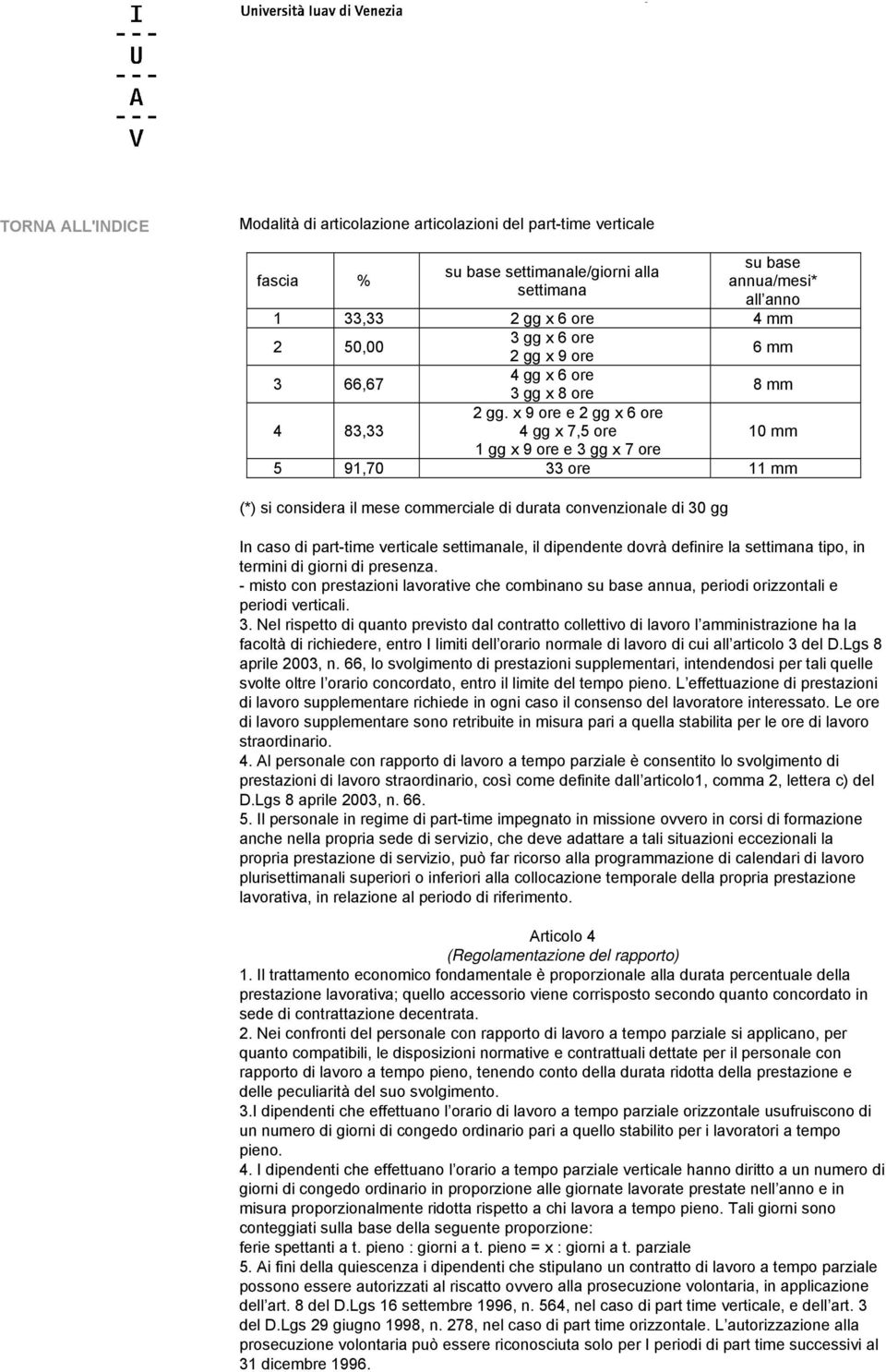 x 9 ore e 2 gg x 6 ore 4 gg x 7,5 ore 1 gg x 9 ore e 3 gg x 7 ore 10 mm 5 91,70 33 ore 11 mm (*) si considera il mese commerciale di durata convenzionale di 30 gg In caso di part-time verticale