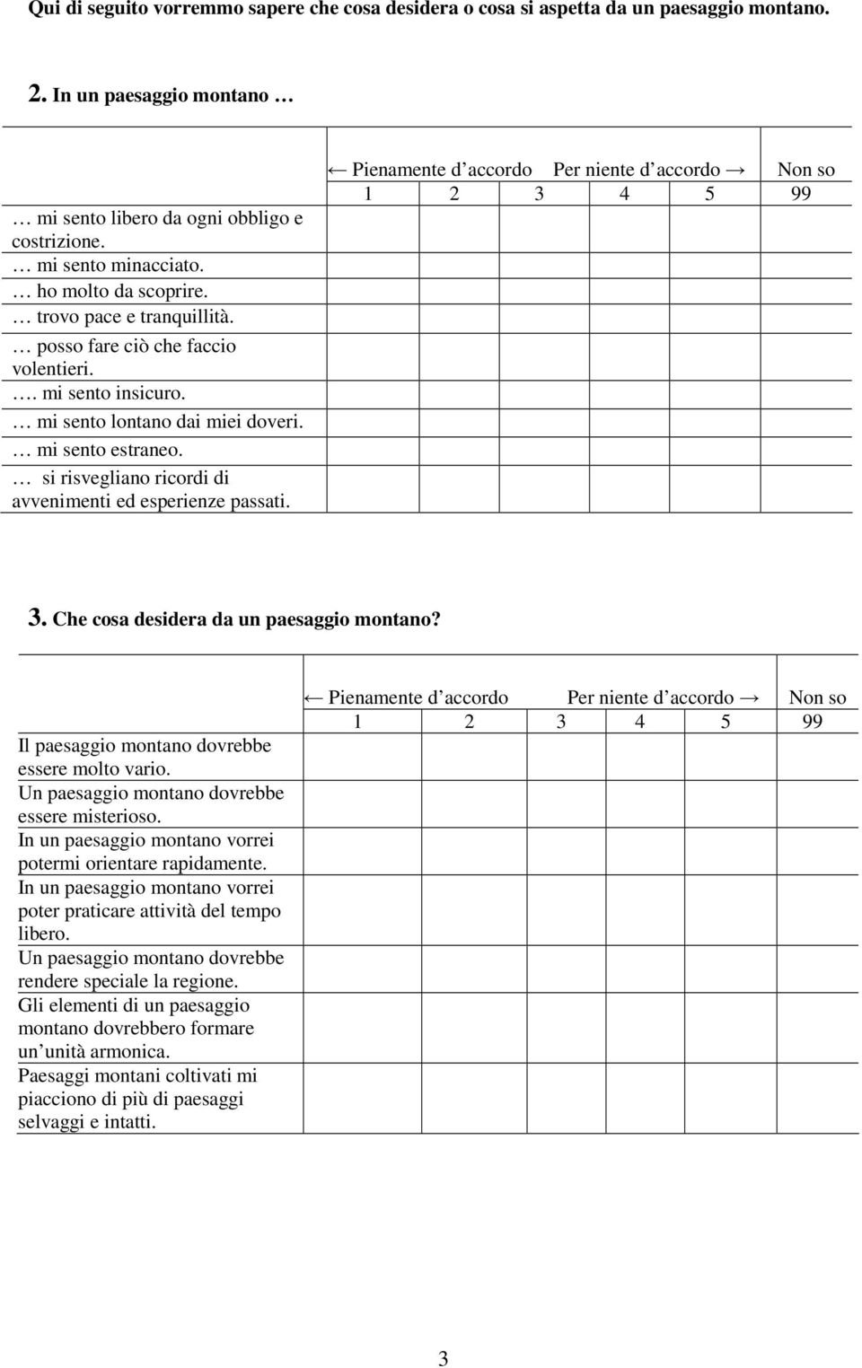 si risvegliano ricordi di avvenimenti ed esperienze passati. Pienamente d accordo Per niente d accordo Non so 3. Che cosa desidera da un paesaggio montano?