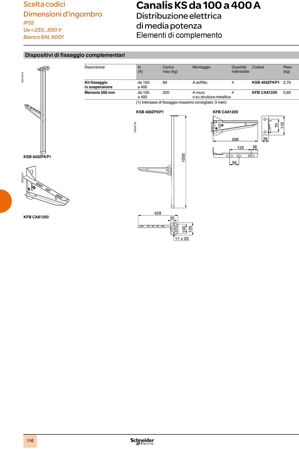 complementari DD210313 Kit fissaggio in sospensione da 100 a 400 Mensola 200 mm da 100 a 400 Carico max Montaggio Quantità indivisibile 80 A soffitto 4