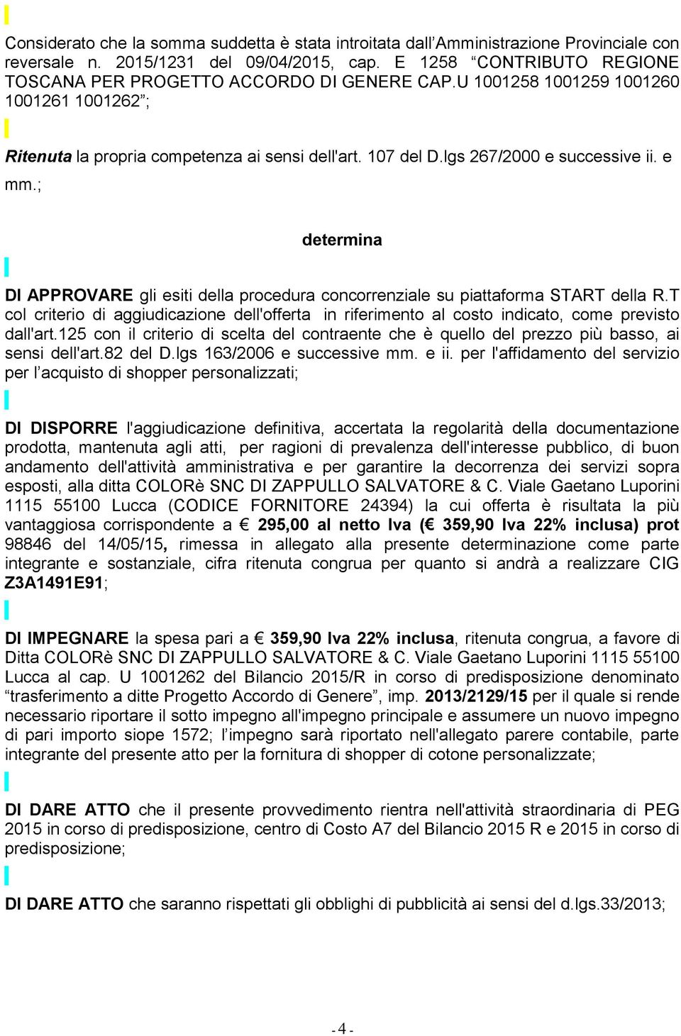 lgs 267/2000 e successive ii. e mm.; determina DI APPROVARE gli esiti della procedura concorrenziale su piattaforma START della R.