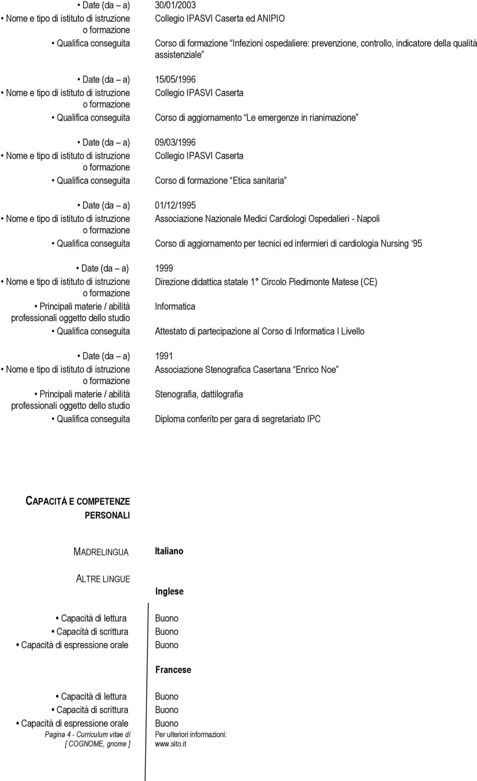 09/03/1996 Nome e tipo di istituto di istruzione Collegio IPASVI Caserta Qualifica conseguita Corso di formazione Etica sanitaria Date (da a) 01/12/1995 Nome e tipo di istituto di istruzione