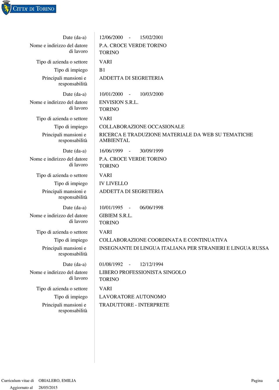 ADDETTA DI SEGRETERIA COLLABORAZIONE OCCASIONALE RICERCA E TRADUZIONE MATERIALE DA WEB SU TEMATICHE AMBIENTAL IV LIVELLO