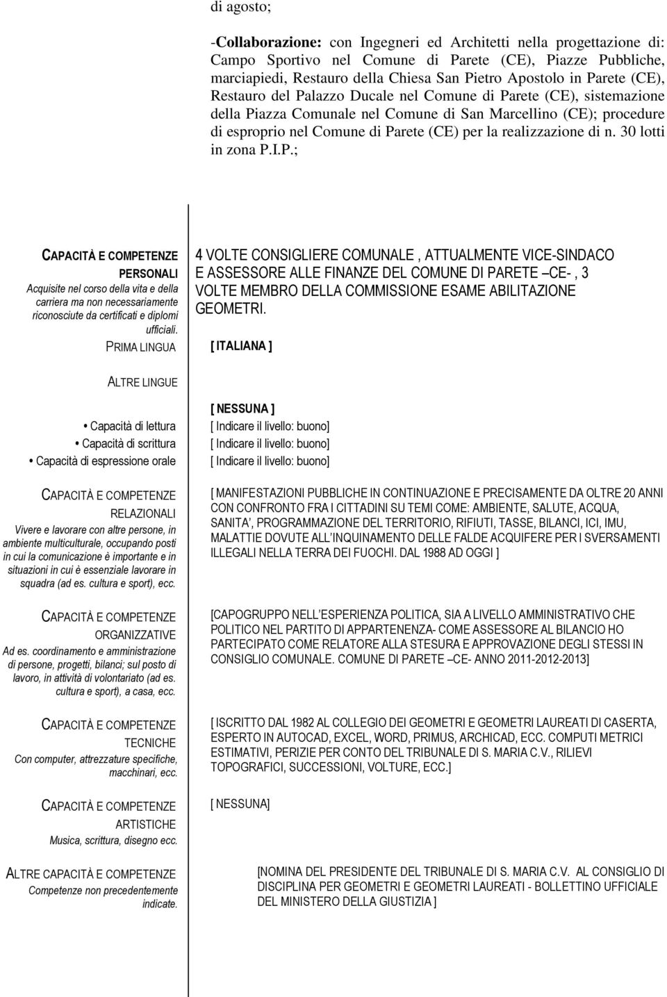 realizzazione di n. 30 lotti in zona P.I.P.; PERSONALI Acquisite nel corso della vita e della carriera ma non necessariamente riconosciute da certificati e diplomi ufficiali.