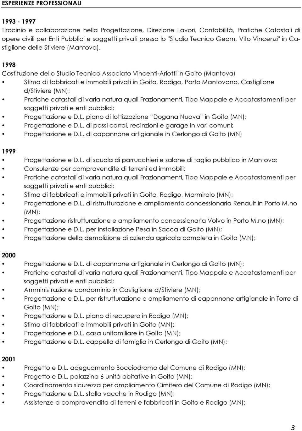 1998 Costituzione dello Studio Tecnico Associato Vincenti-Ariotti in Goito (Mantova) Stima di fabbricati e immobili privati in Goito, Rodigo, Porto Mantovano, Castiglione d/stiviere (MN);