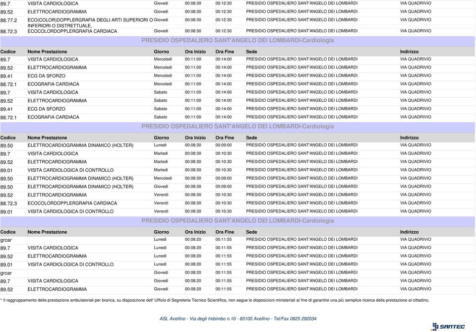 OSPEDALIERO SANT'ANGELO DEI LOMBARDI VIA QUADRIVIO PRESIDIO OSPEDALIERO SANT'ANGELO DEI LOMBARDI-Cardiologia Mercoledi 00:11:00 00:14:00 PRESIDIO OSPEDALIERO SANT'ANGELO DEI LOMBARDI VIA QUADRIVIO