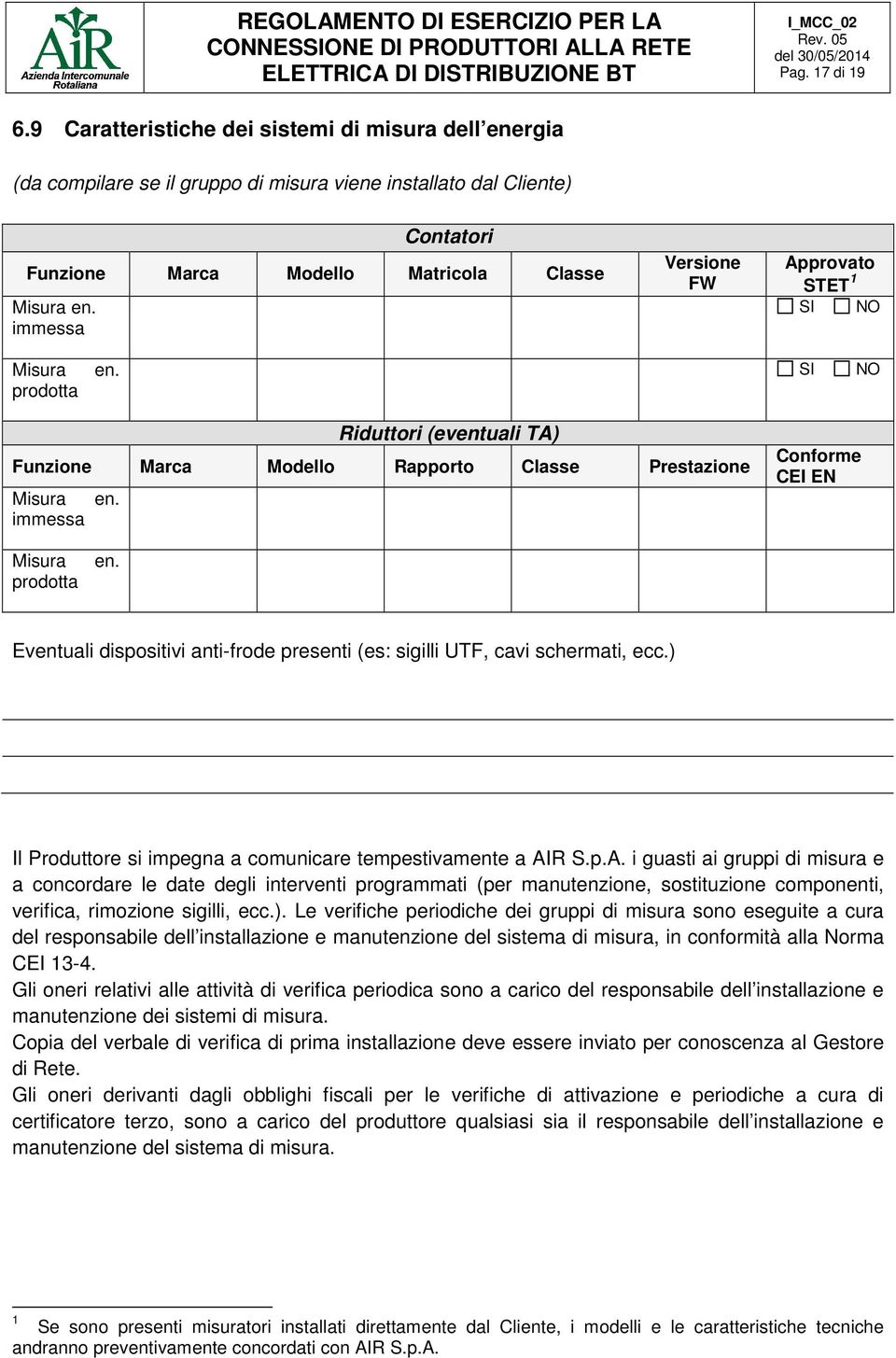 immessa Versione FW Approvato STET 1 Misura prodotta en. Riduttori (eventuali TA) Funzione Marca Modello Rapporto Classe Prestazione Misura en. immessa Conforme CEI EN Misura prodotta en.