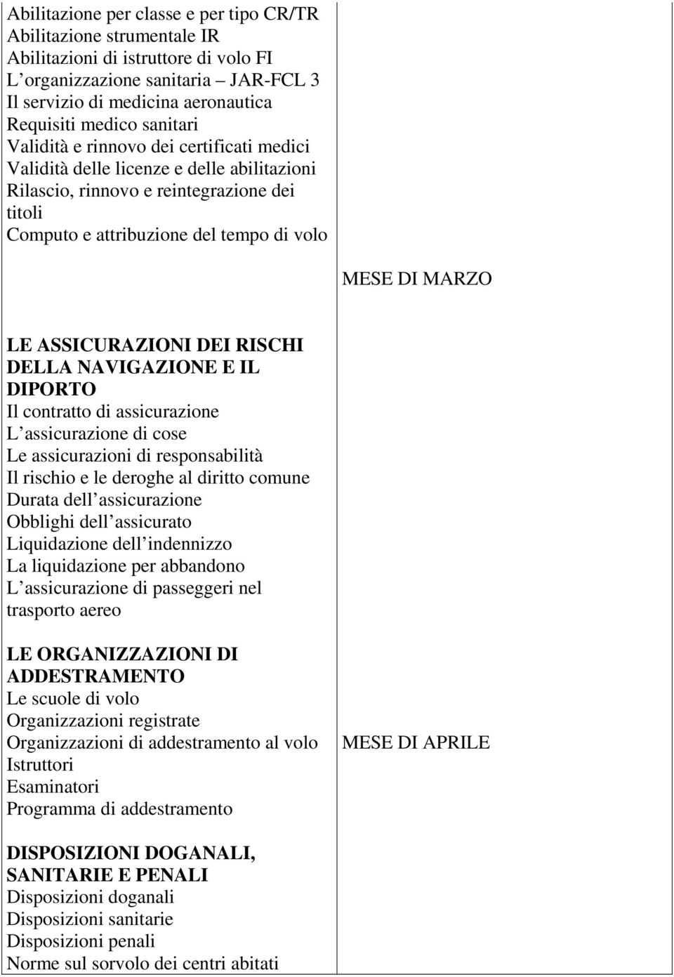 ASSICURAZIONI DEI RISCHI DELLA NAVIGAZIONE E IL DIPORTO Il contratto di assicurazione L assicurazione di cose Le assicurazioni di responsabilità Il rischio e le deroghe al diritto comune Durata dell